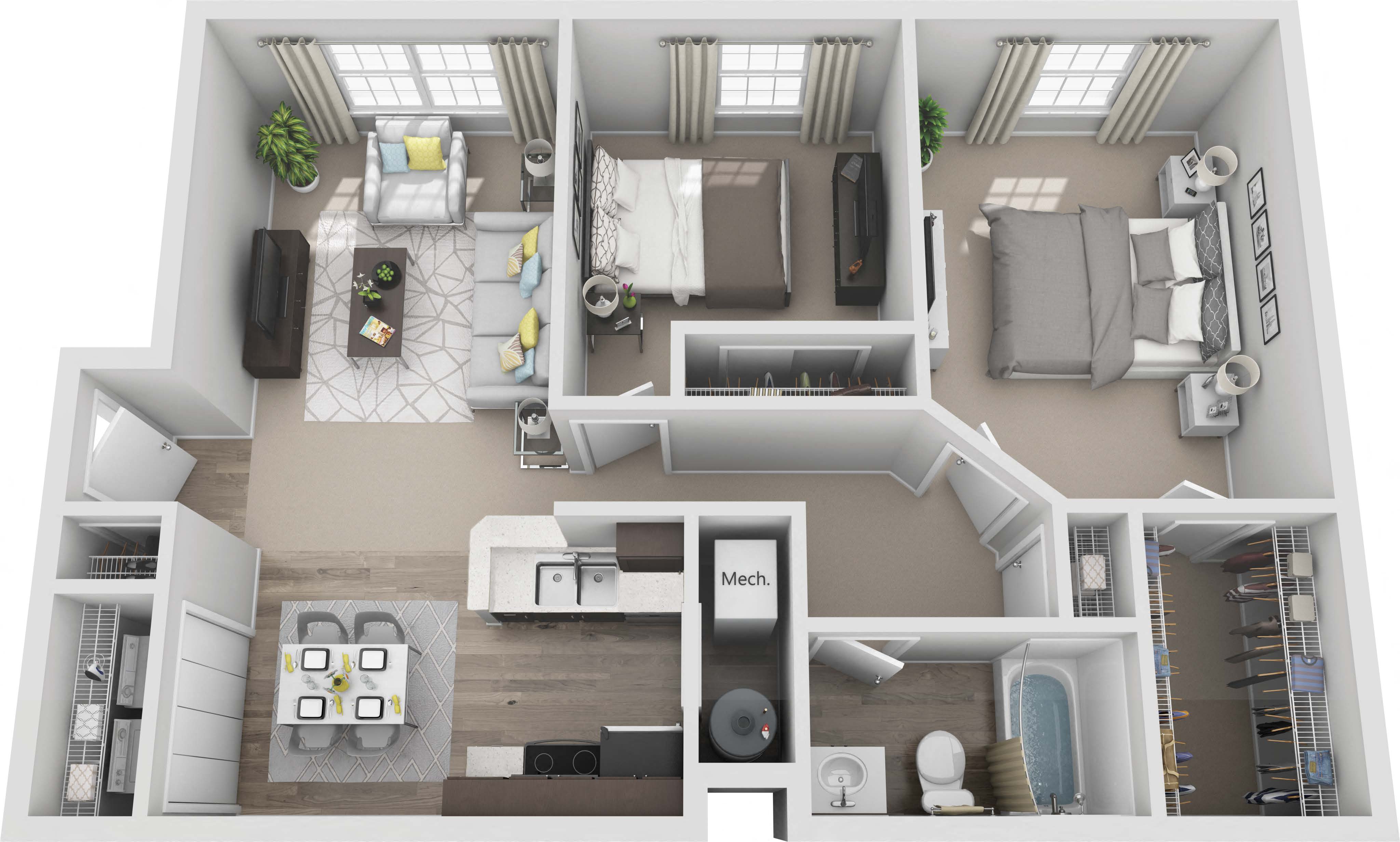 Floor plan for 2 beds, 1 bath, 844 sqft
